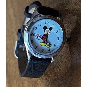 Disney Vintage Mickey Mouse Watch Black Leather Band 1” Diameter Womens Kids